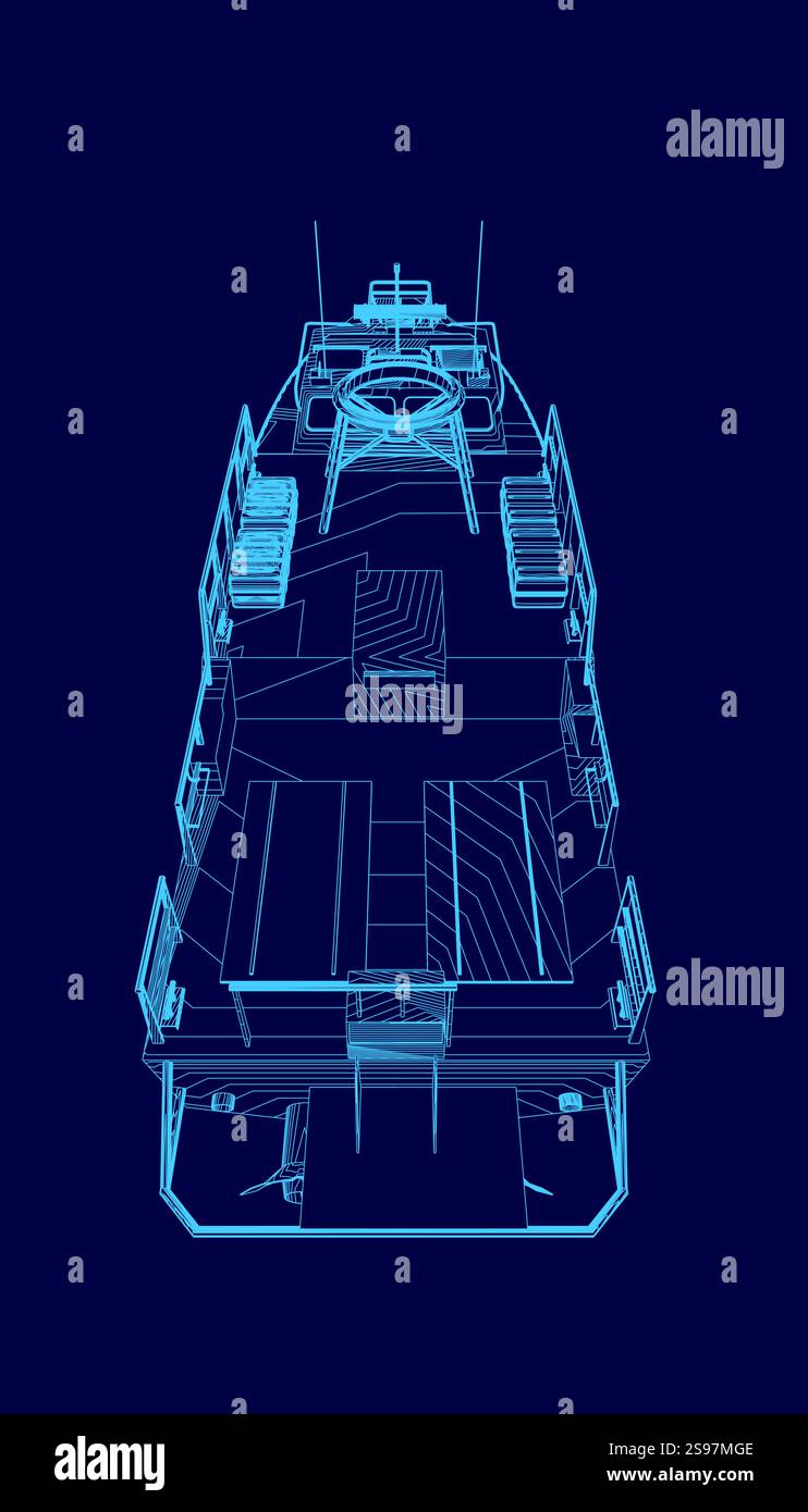 Immagine blu di una nave con sopra una pistola. La nave viene mostrata da un lato e la pistola è sul davanti Illustrazione Vettoriale