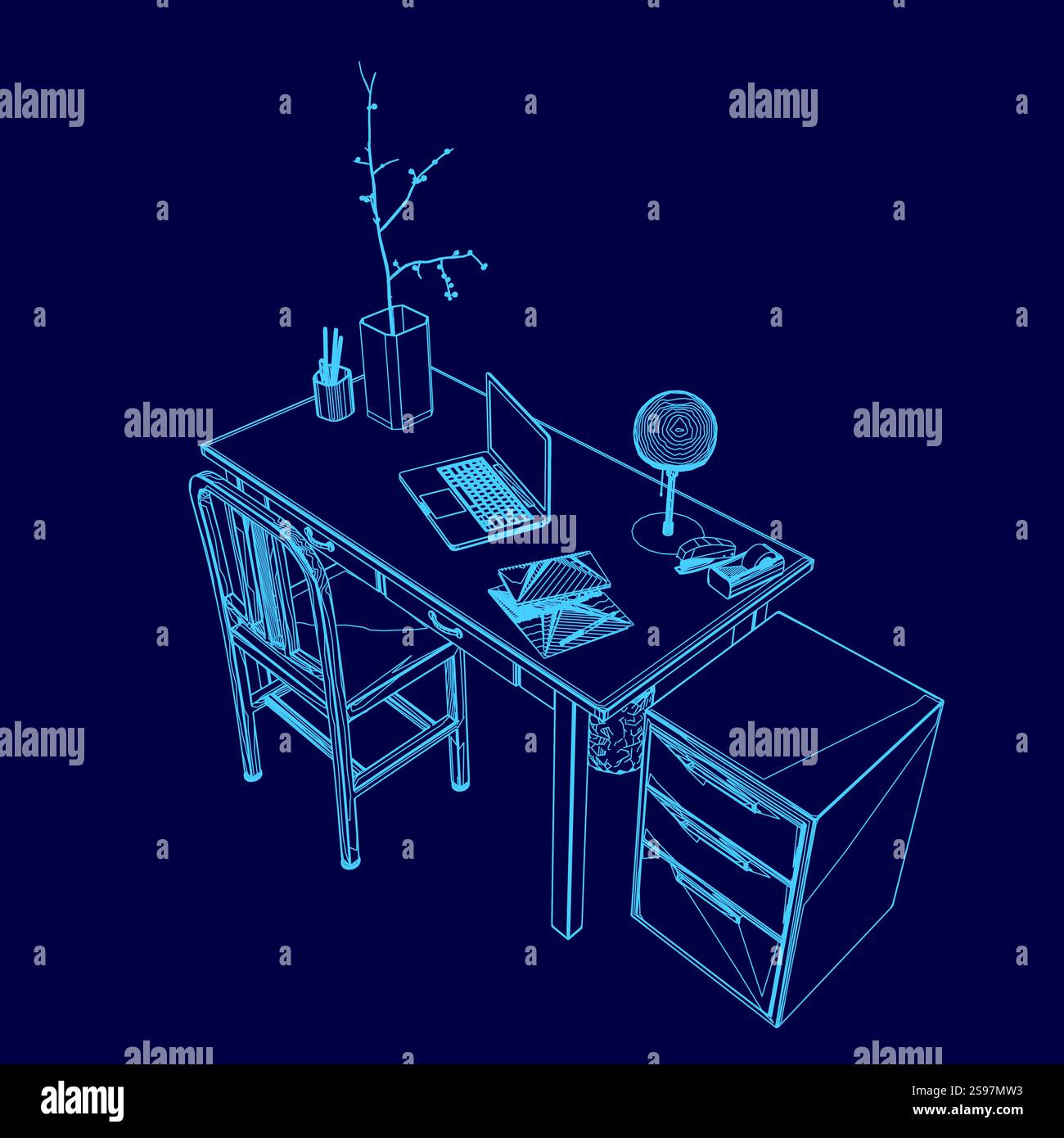 Disegno blu di una scrivania con un computer portatile, un vaso, una lampada e una sedia. La scrivania e' allestita per il lavoro o lo studio, con il portatile e il vaso come punto focale principale Illustrazione Vettoriale