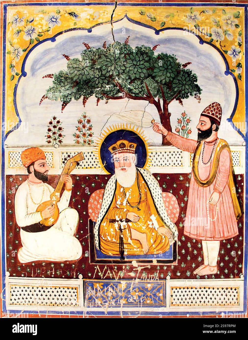 Guru Nanak, Mardana e Bala murale di Bairagi Thakurdwara. Foto Stock