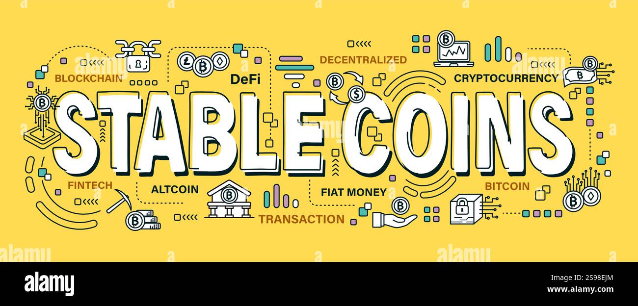 Monete stabili . Icona della parola e del contorno su sfondo a tinta unita . Concetto di criptovaluta . Vettore . Tratto modificabile . Illustrazione Vettoriale