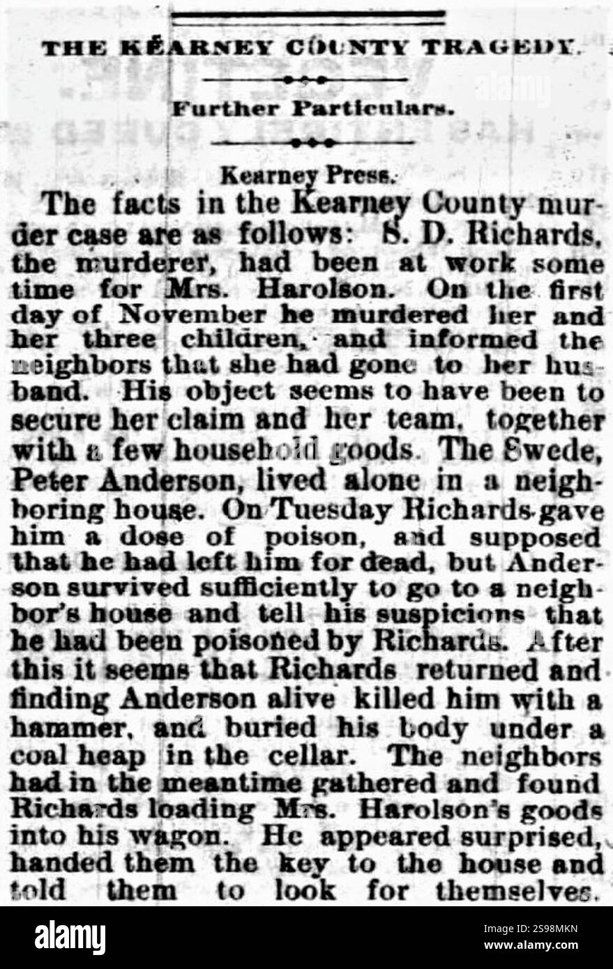 Harlson Family assassini, Nebraska state Journal, dicembre 1878. Foto Stock