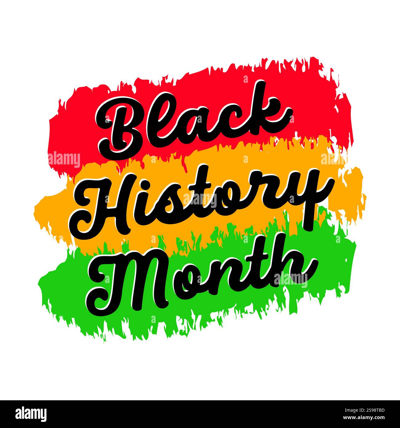 Illustrazione vettoriale tipografia mese storia nero con tratti di pennello rosso, giallo e verde su sfondo bianco. Festa afroamericana Illustrazione Vettoriale