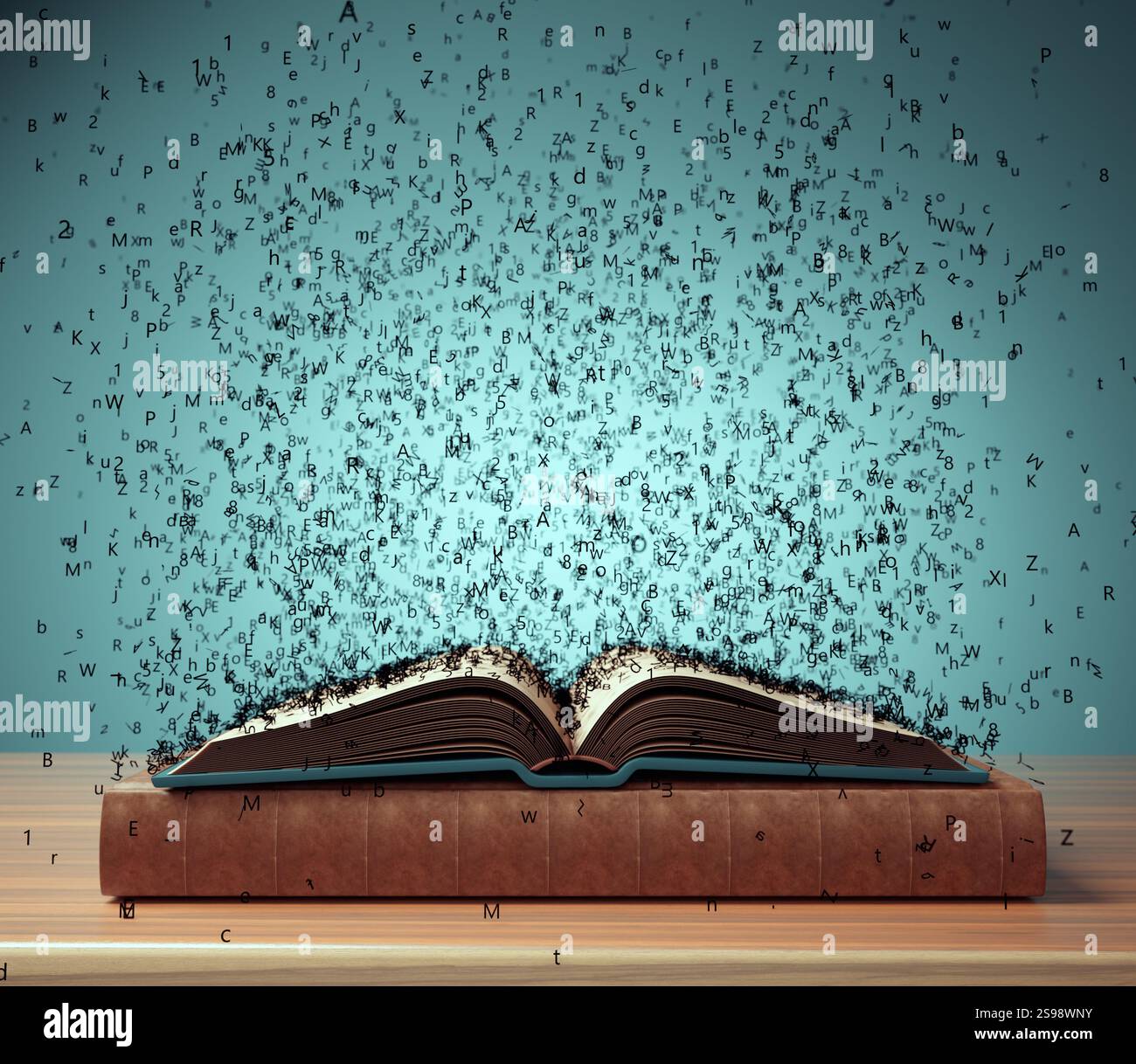 Libro aperto con lettere volanti. Concetto di brainstorming e ispirazione. Questa è un'illustrazione di rendering 3d. Foto Stock