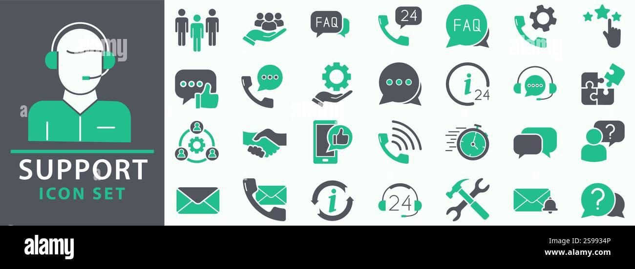 Set di icone di supporto. Contenente icone di soddisfazione del cliente, assistenza, esperienza, feedback, operatore e supporto tecnico. Raccolta icone. Illustrazione Vettoriale
