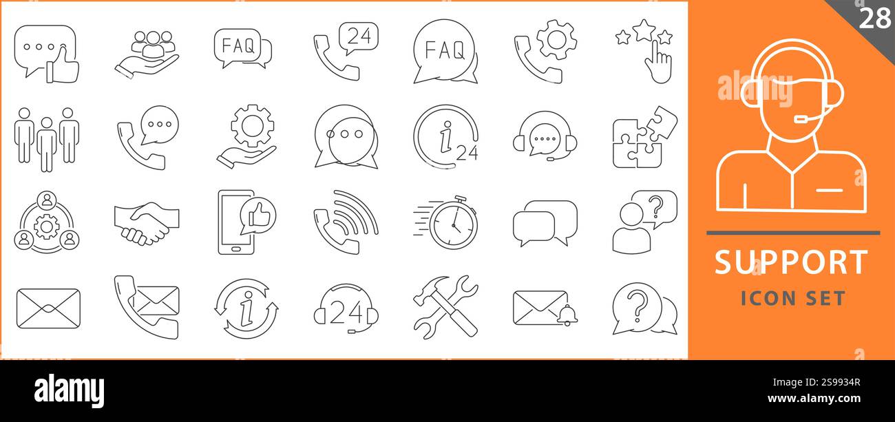 Set di icone di supporto. Contenente icone di soddisfazione del cliente, assistenza, esperienza, feedback, operatore e supporto tecnico. Raccolta icone. Illustrazione Vettoriale