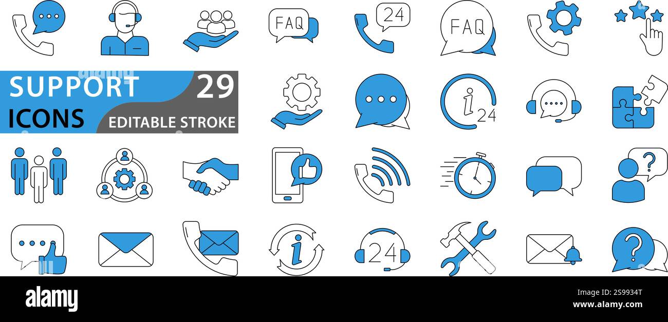 Set di icone di supporto. Contenente icone di soddisfazione del cliente, assistenza, esperienza, feedback, operatore e supporto tecnico. Raccolta icone. Illustrazione Vettoriale