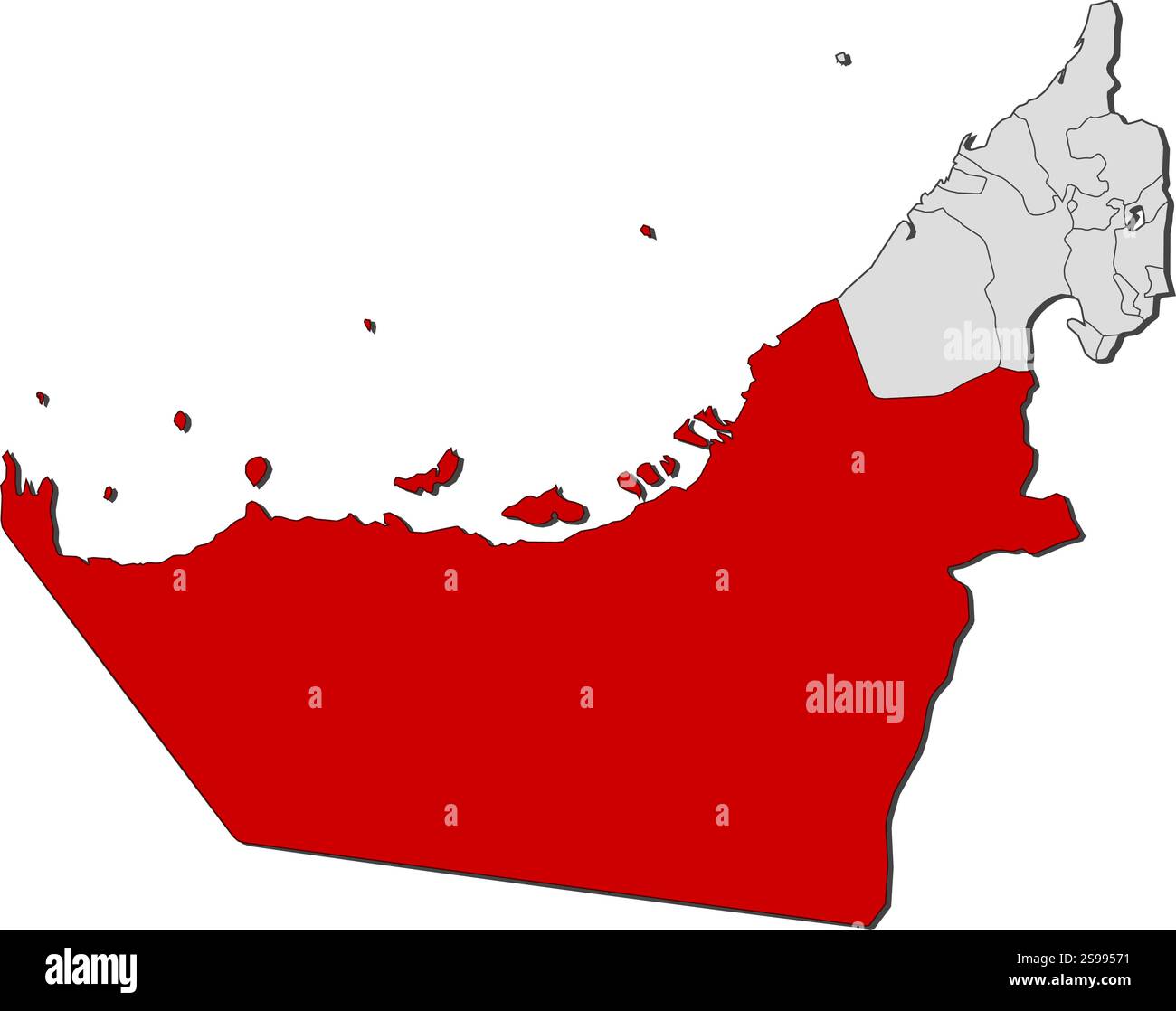 Mappa degli Emirati Arabi Uniti con le province, Abu Dhabi è evidenziata. Illustrazione Vettoriale