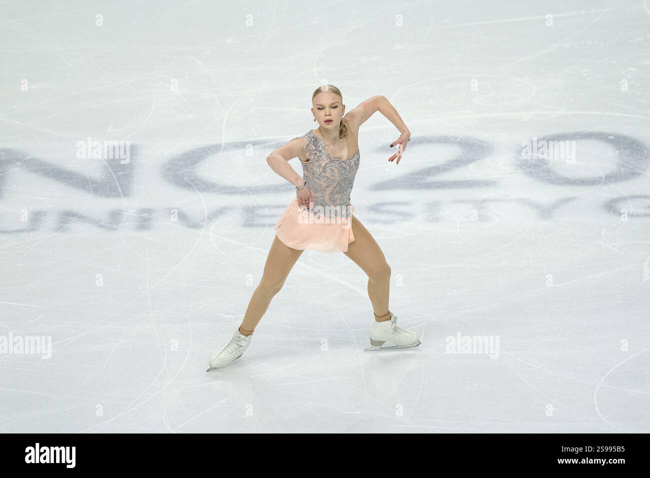Nataly Langerbaur dell'Estonia durante il Women Single Skating Short Program di pattinaggio di figura ai Giochi FISU 2025 di Torino (foto di Elena Vizzoca / SOPA Images/Sipa USA) Foto Stock