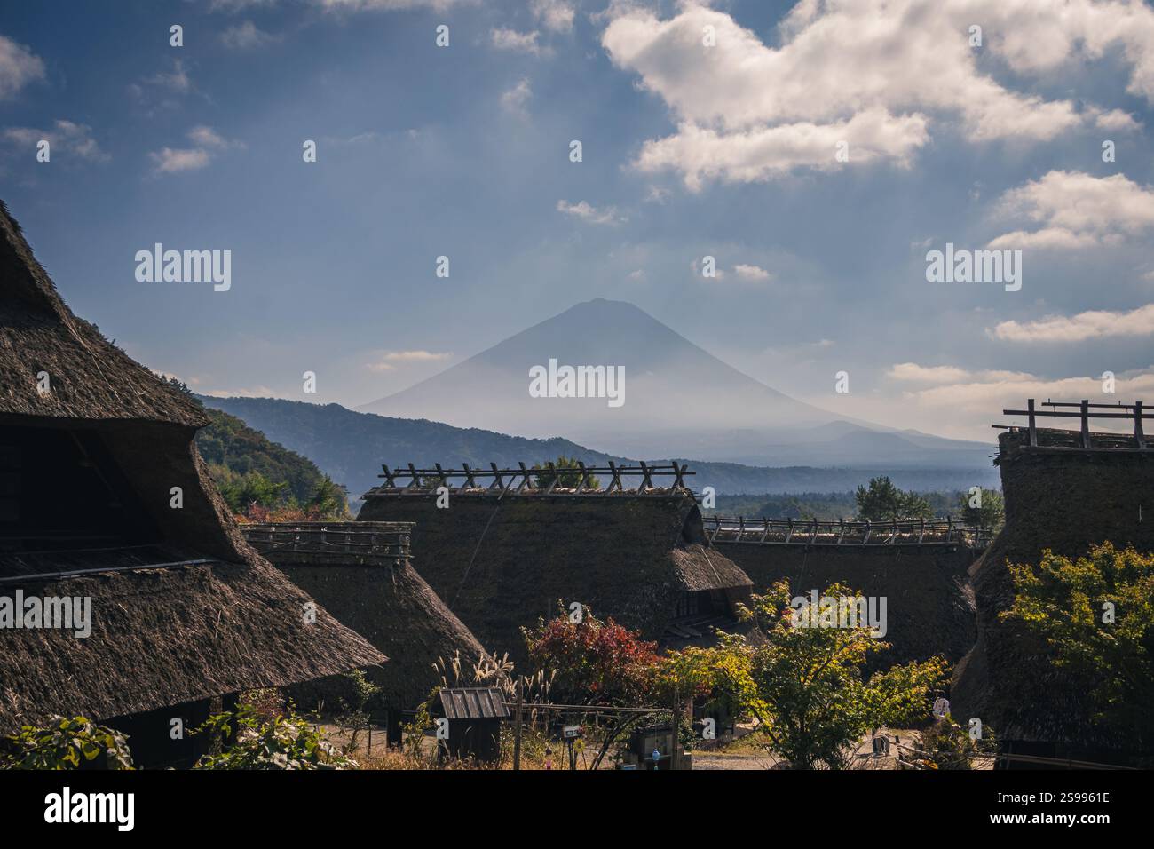 Foto del villaggio «Saiko Iyashi-no-Sato Nenba» con il Monte Fuji sullo sfondo Foto Stock