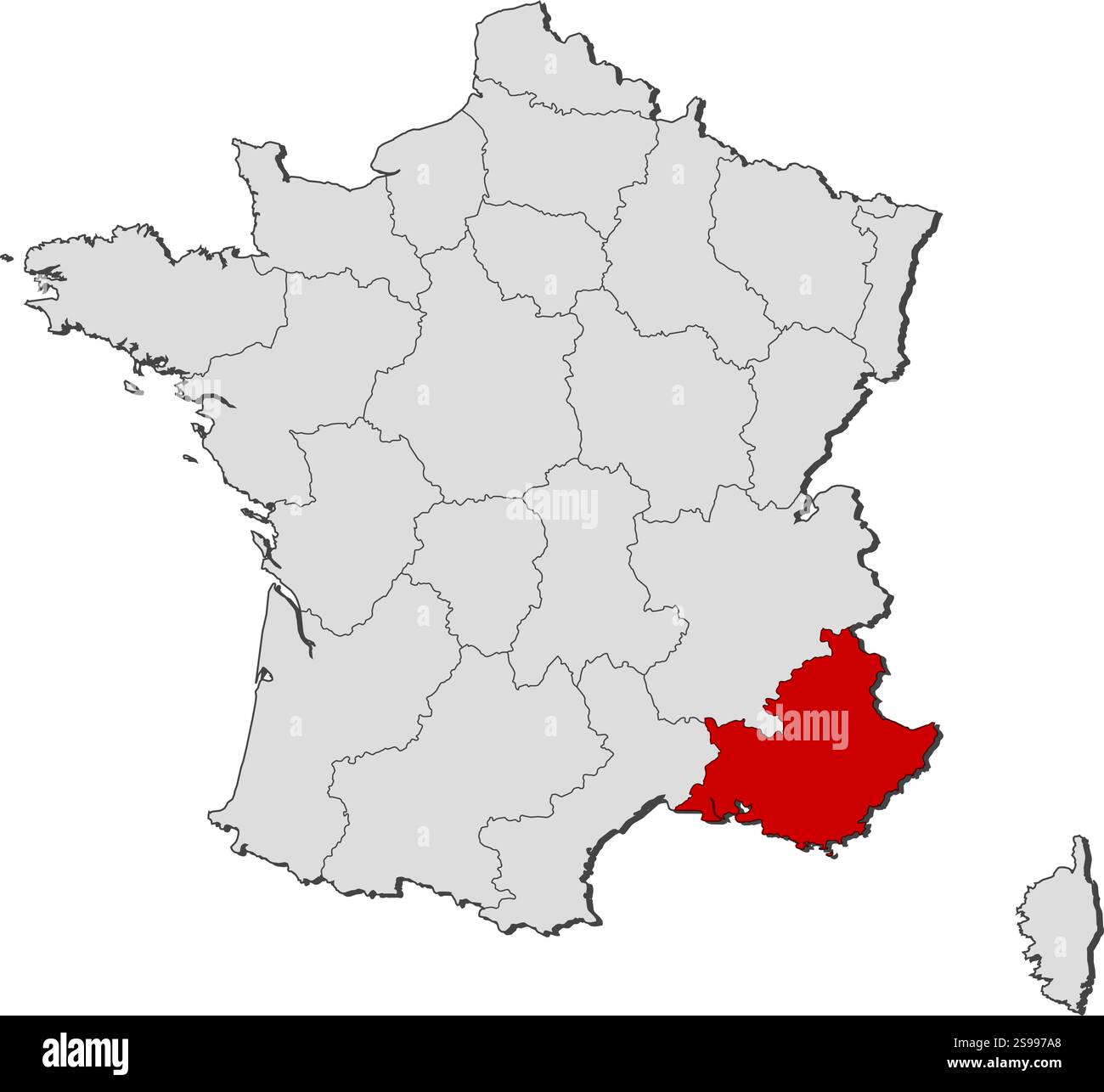 Mappa della Francia con le province, Provence-Alpes-Côte d'Azur è evidenziata. Illustrazione Vettoriale