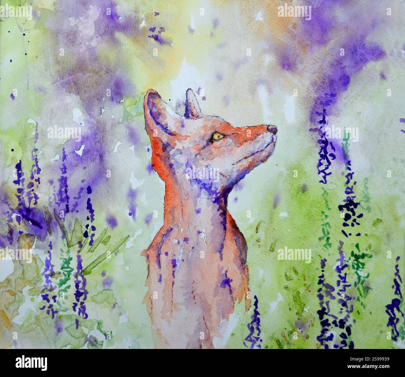 Pittura a inchiostro e acquerello di Fox in Flowers Foto Stock
