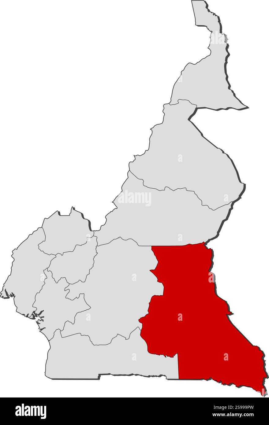 Mappa del Camerun con le province, Est è evidenziata. Illustrazione Vettoriale