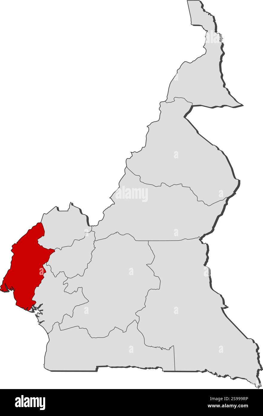 Mappa del Camerun con le province, sud-ovest è evidenziata. Illustrazione Vettoriale