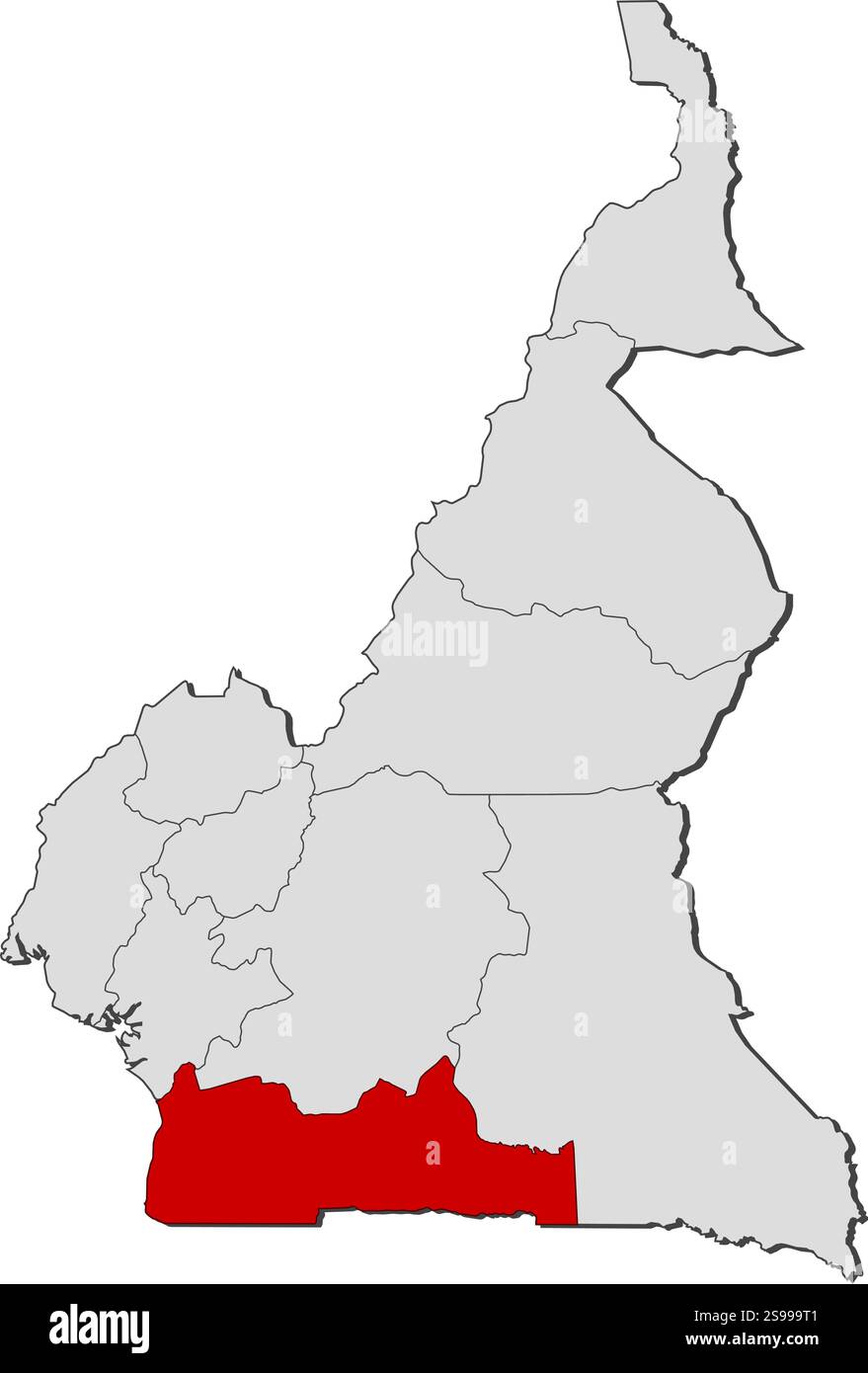 Mappa del Camerun con le province, Sud è evidenziata. Illustrazione Vettoriale