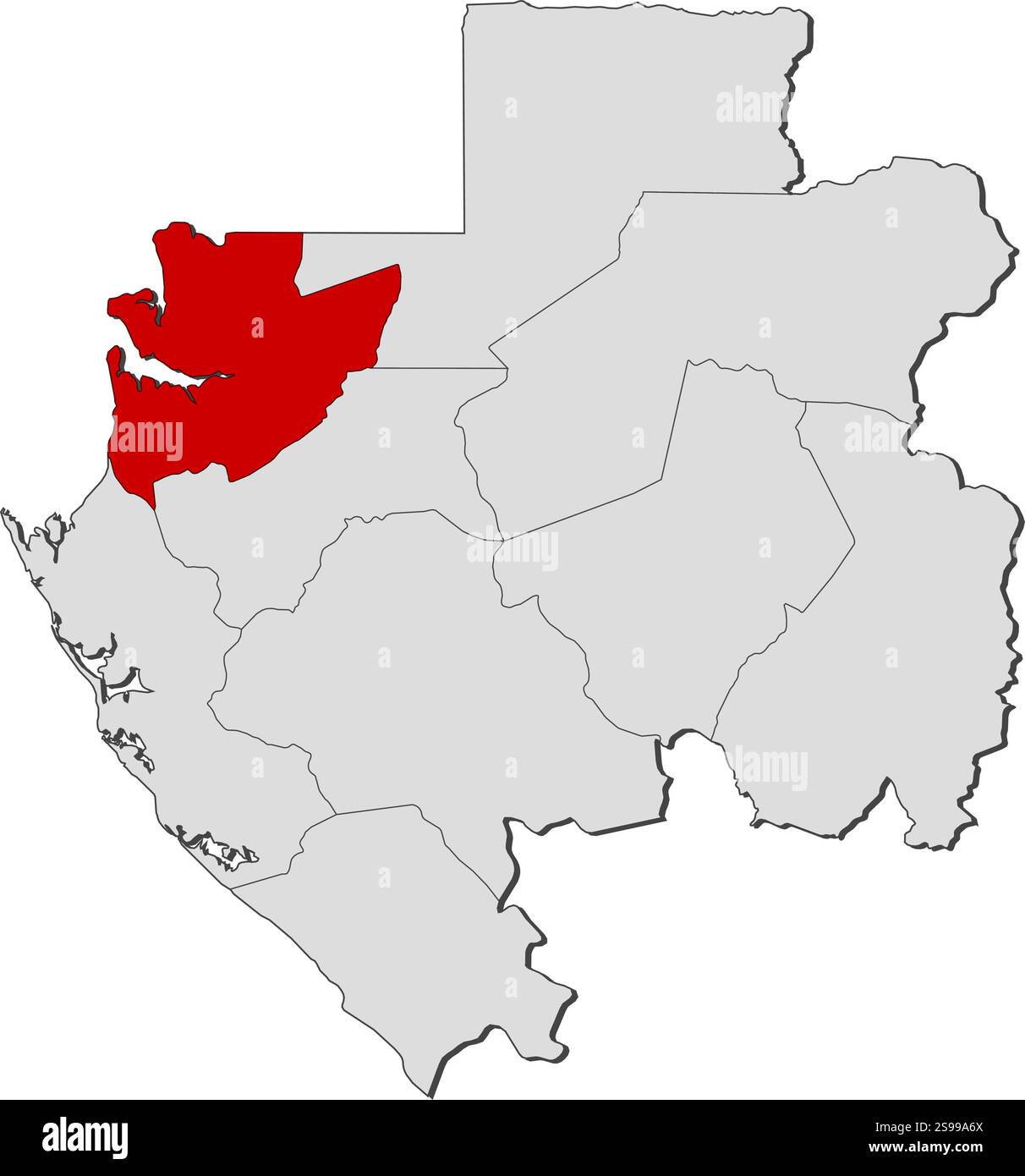 Mappa del Gabon con le province, Estuaire è evidenziata. Illustrazione Vettoriale