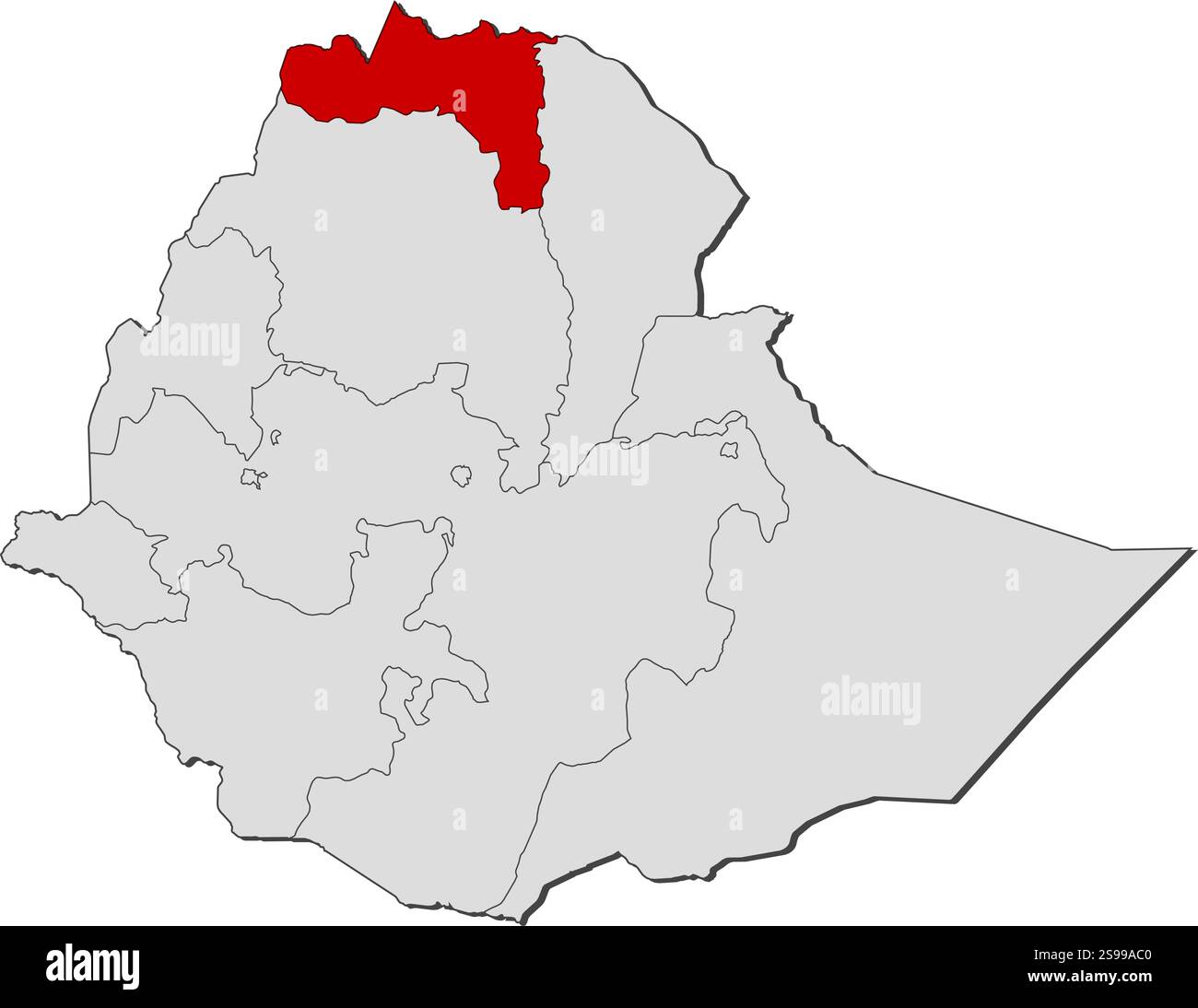 Mappa dell'Etiopia con le province, Tigray è evidenziata. Illustrazione Vettoriale