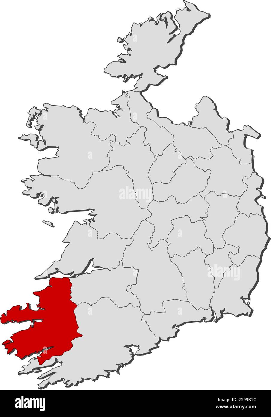 Mappa dell'Irlanda con le province, Kerry è evidenziata. Illustrazione Vettoriale