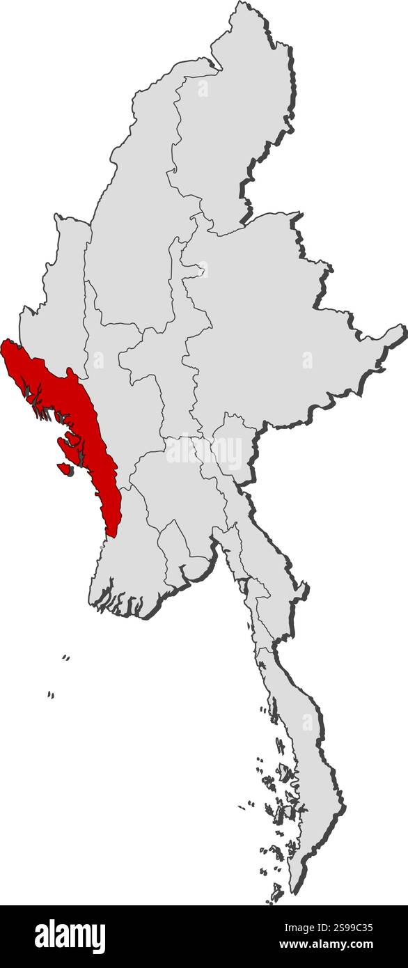 Mappa del Myanmar con le province, Rakhine è evidenziata. Illustrazione Vettoriale