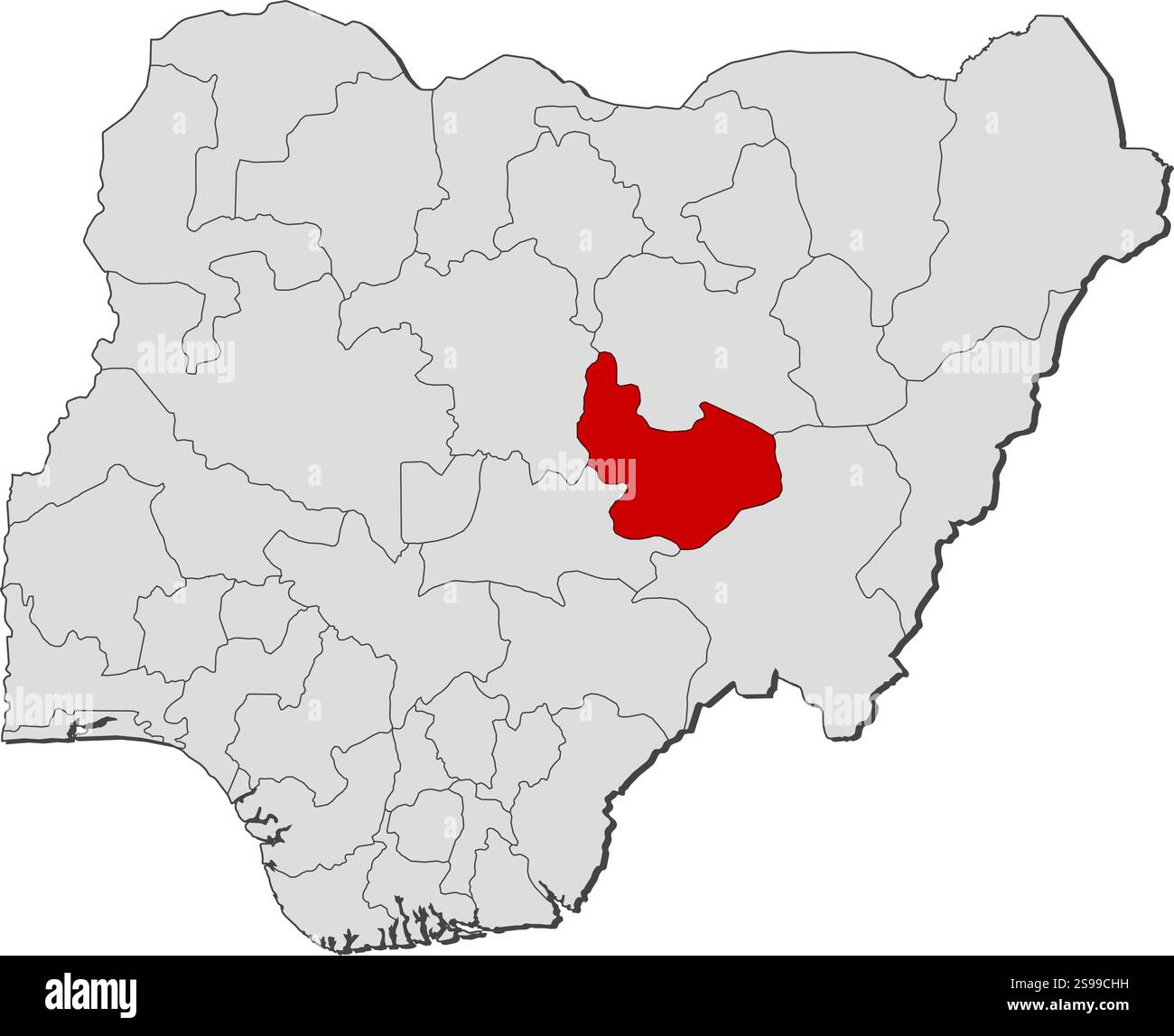 Mappa della Nigeria con le province, Plateau è evidenziato. Illustrazione Vettoriale