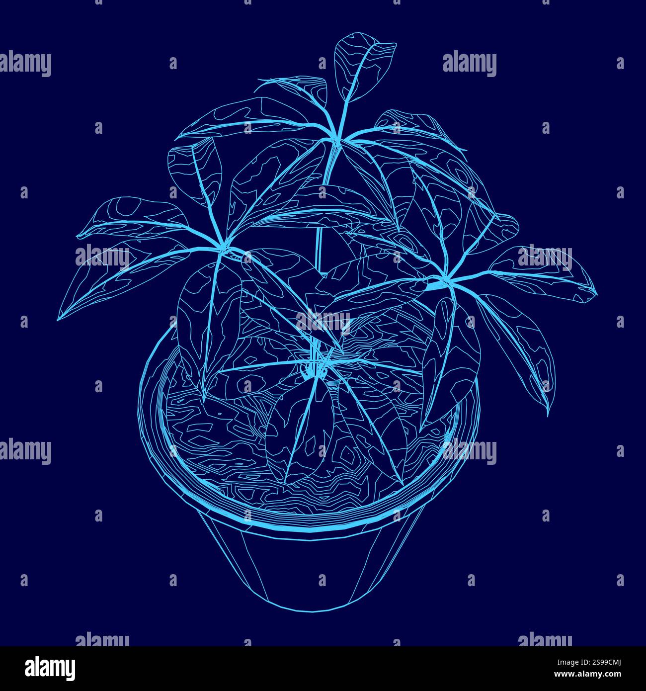 Disegno blu di una pianta in una pentola blu. La pianta è una piccola pianta a foglia con uno stelo Illustrazione Vettoriale