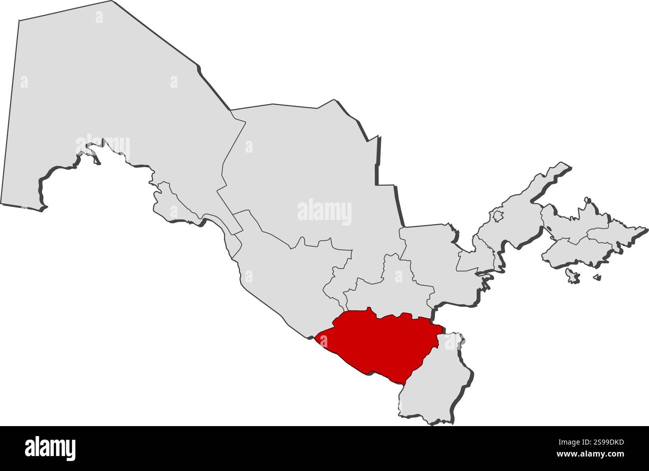 Mappa dell'Uzbekistan con le province, Qashqadaryo è evidenziata. Illustrazione Vettoriale