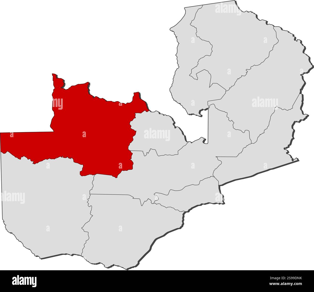 Mappa dello Zambia con le province, nord-ovest è evidenziata. Illustrazione Vettoriale