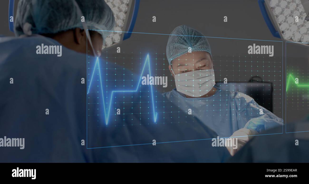Chirurghi che eseguono operazioni con l'immagine della frequenza cardiaca sulla scena medica Foto Stock