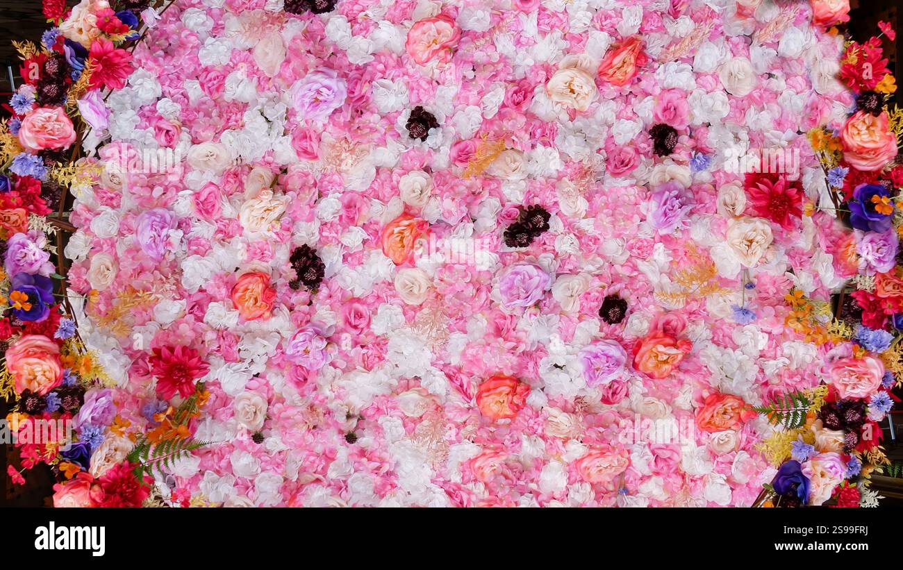Vivace composizione floreale con petali e rose multicolori misti in pieno fiore Foto Stock