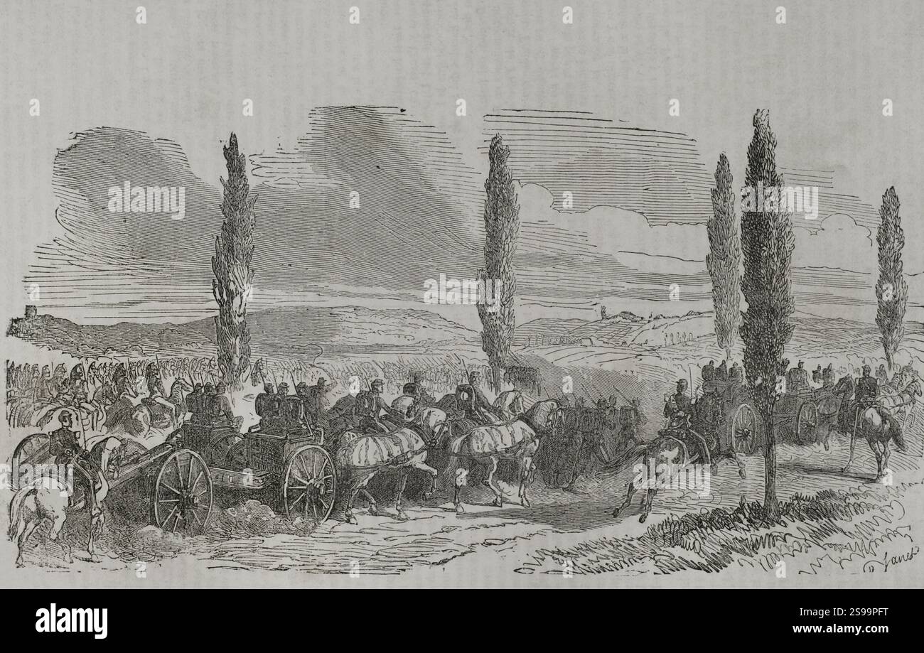Guerra franco-prussiana (1870-1871). Battaglia di Gravelotte (18 agosto 1870). Truppe francesi. Incisione. Historia de la Guerra de Francia y Prusia (storia della guerra tra Francia e Prussia). Volume I. pubblicato a Barcellona, 1870. Foto Stock