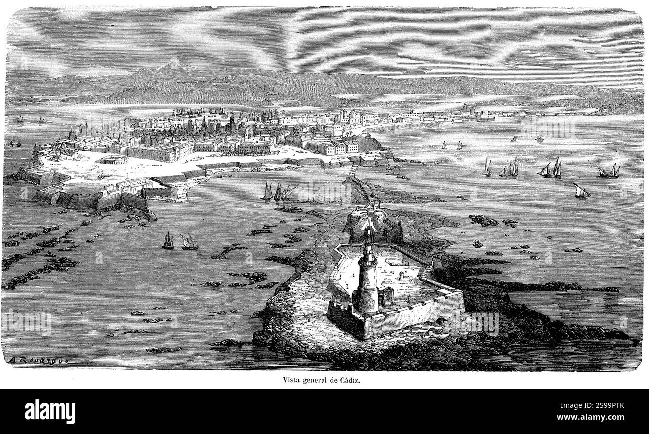 España. Siglo XI. Cádiz. Vista generale de la ciudad, el puerto y el faro. Grabado de 1862. Foto Stock