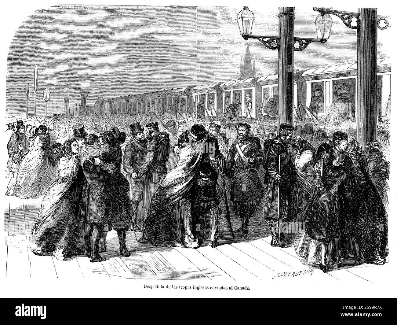 Inglaterra. Siglo XI. Despedida de las tropas inglesas enviadas al Canadá. Grabado de 1862. Foto Stock