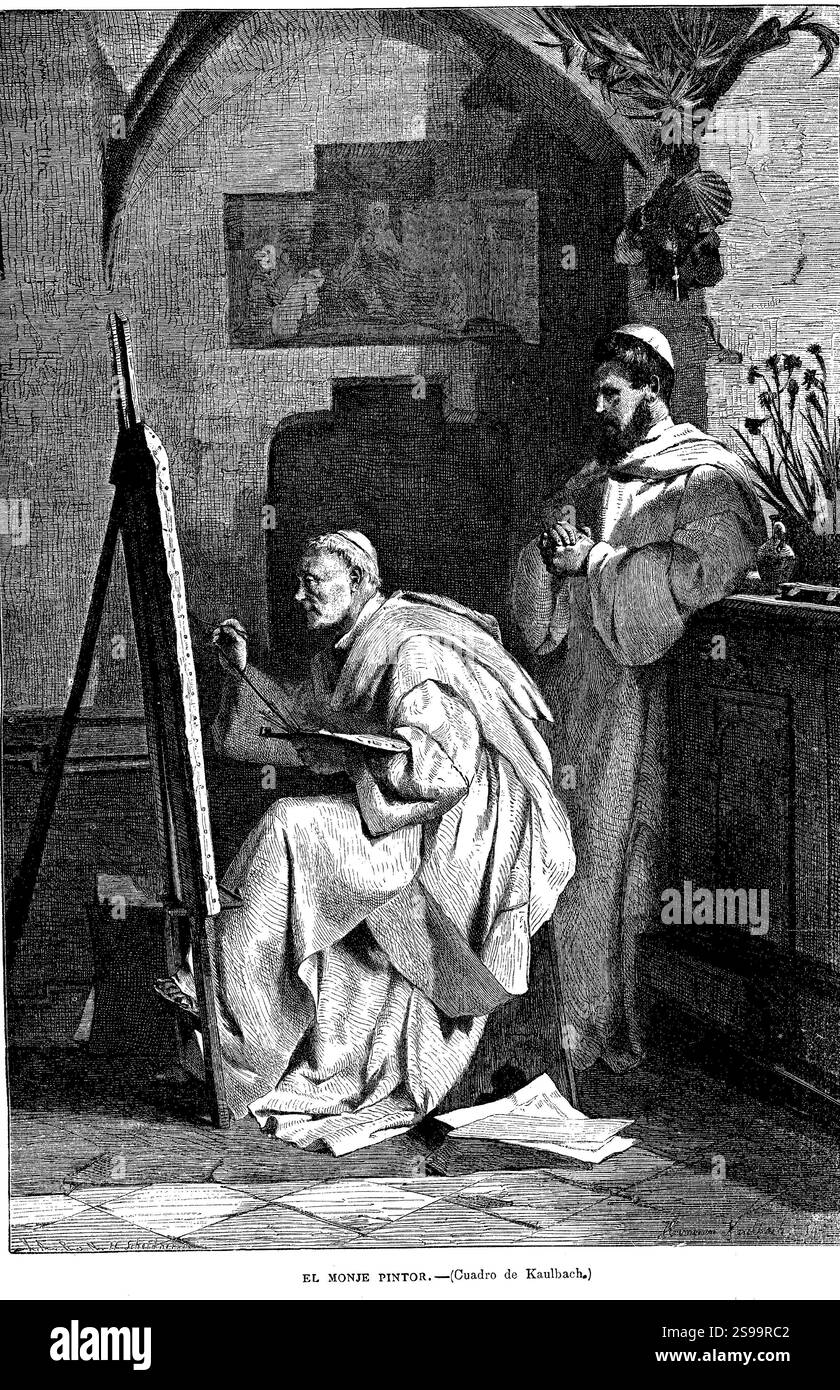 Alemania. Siglo XIX. El monje pintor. Obra de Wilhelm von Kaulbach (1805-1874). Grabado de la época. Foto Stock