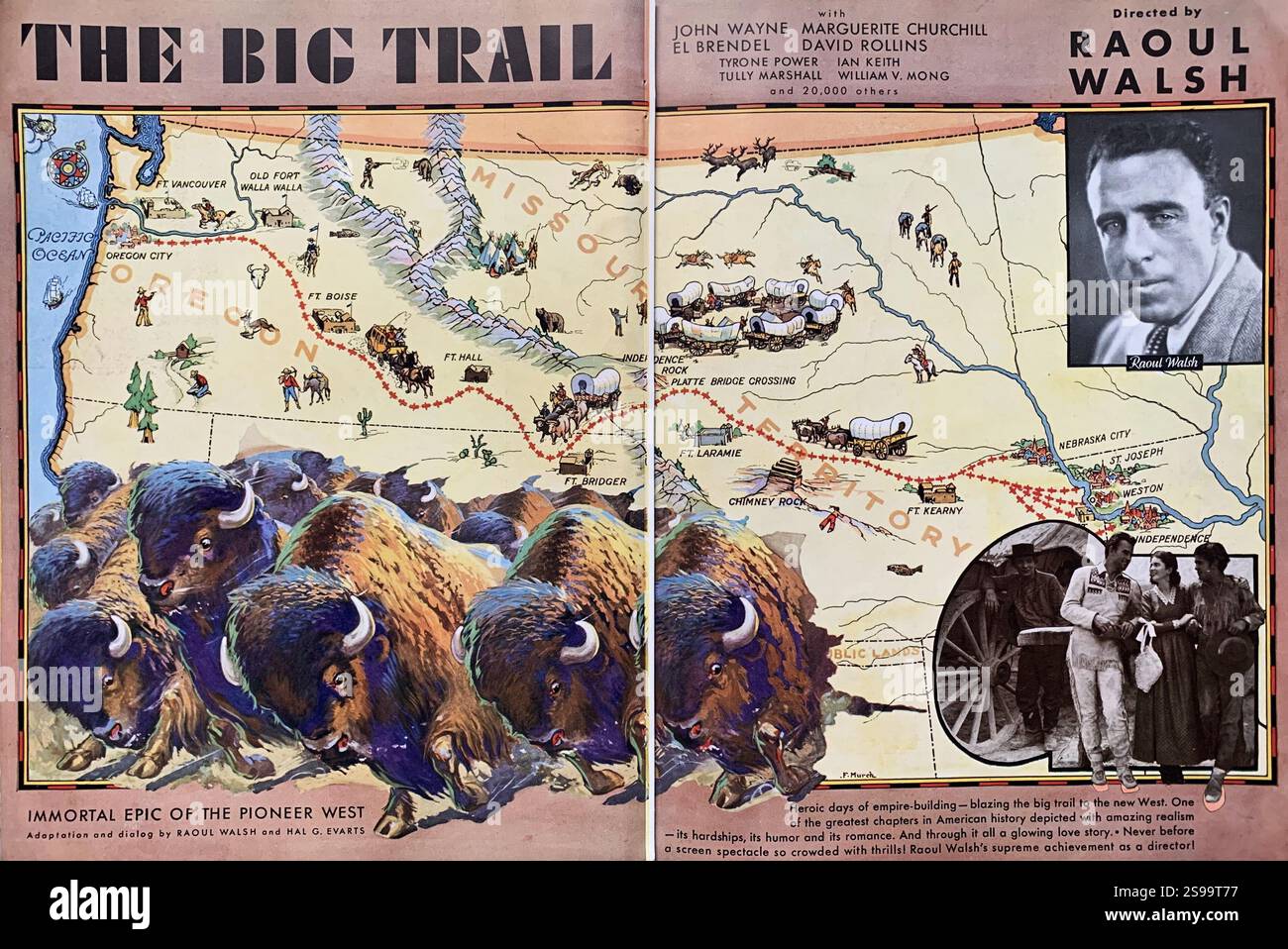 JOHN WAYNE MARGUERITE CHURCHILL DAVID ROLLINS e EL BRENDEL in THE BIG TRAIL 1930 regista RAOUL WALSH adattamento e dialogo di Raoul WALSH e Hal G. Evarts Promotional ArtWork della Fox Film Corporation Espositore's Year Book per i prossimi film del 1930 - 1931 Foto Stock