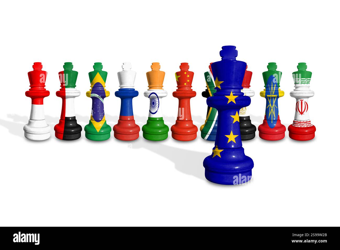 BRICS è un gruppo di potenti stati emergenti. Scacchi fatti con bandiere di paesi dell'UE e BRICS Foto Stock