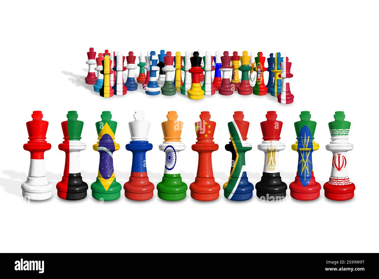 Scacchi fatti con bandiere di membri dell'UE e paesi BRICS. BRICS è un gruppo di potenti stati emergenti. Foto Stock