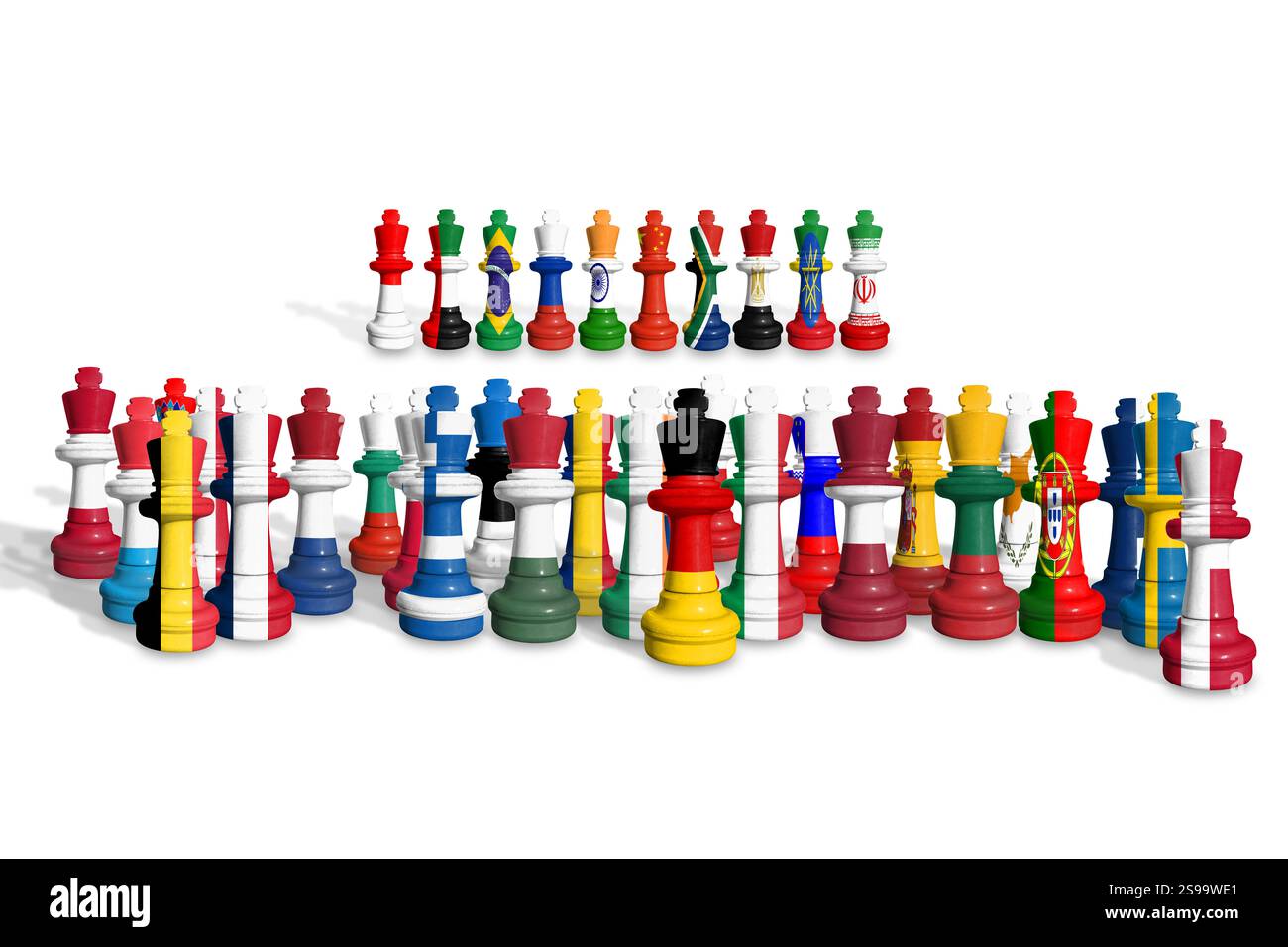 Scacchi fatti con bandiere di membri dell'UE e paesi BRICS. BRICS è un gruppo di potenti stati emergenti. Foto Stock