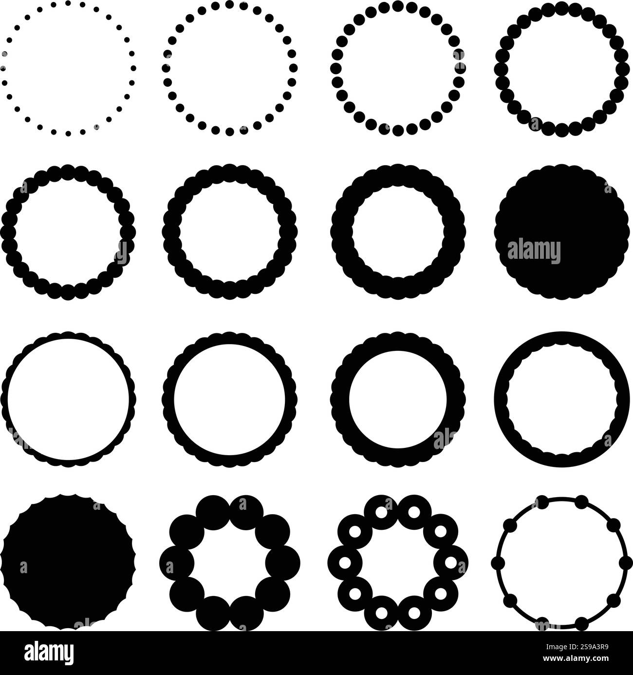 Cerchi vettoriali. Set di 16 elementi di disegno circolari modificabili, 16 diverse varianti di progetti. Forme vettoriali arrotondate. Da utilizzare per logo, icone, etichette, ecc. Illustrazione Vettoriale