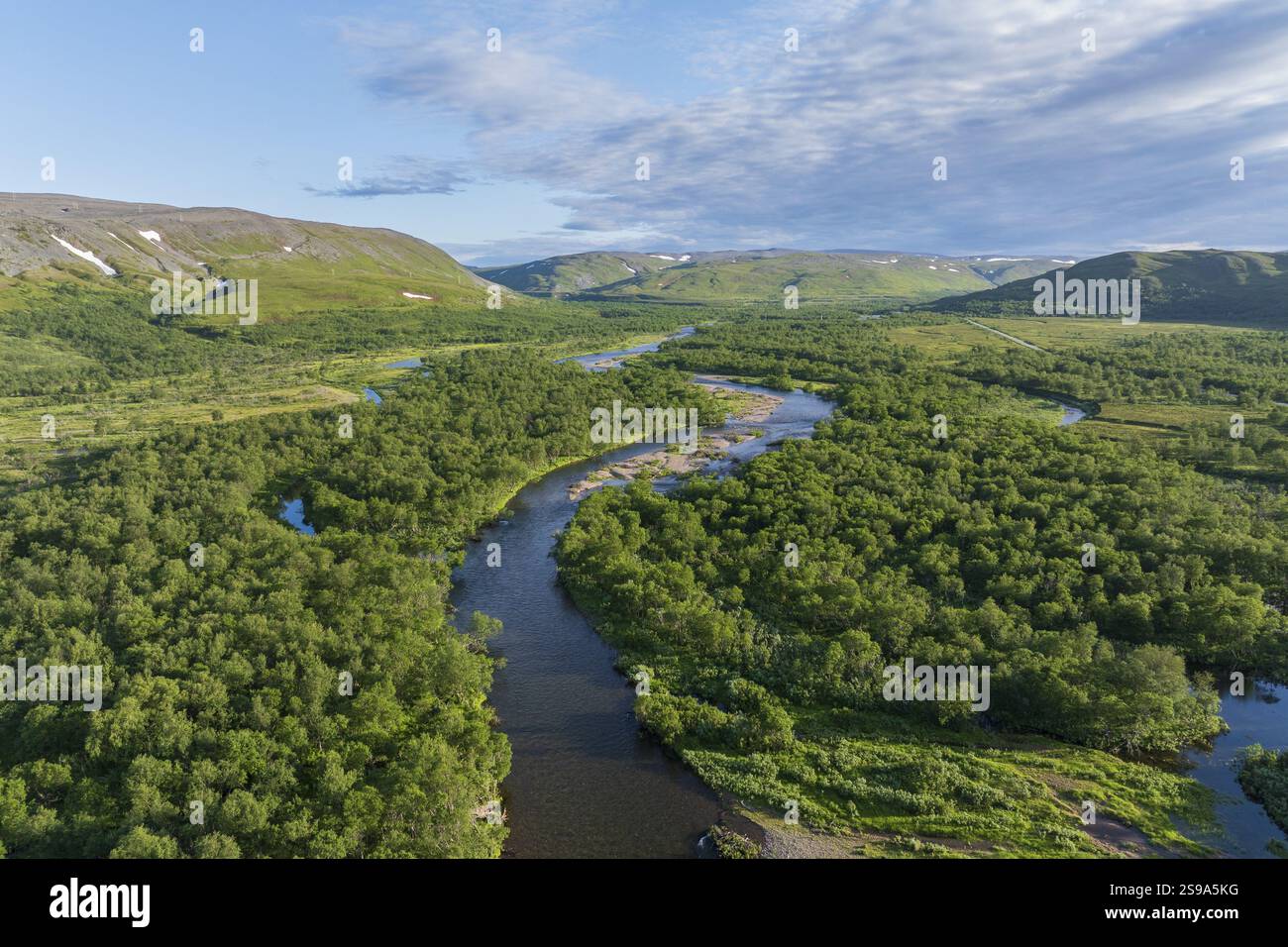 Valle Syltefjorddalen con il fiume Syltefjordelva, Varanger, Finnmark, Norvegia, Europa Foto Stock