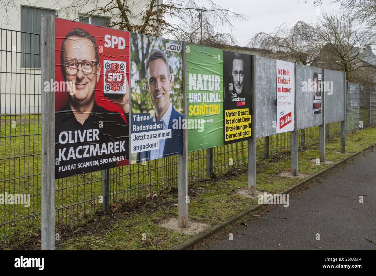 Consiglio con manifesti elettorali, SPD, CDU, Buendnis90 Die Gruenen, FDP, Die Linke, BSW, Bundestag Election 2025, Kamen, Renania settentrionale-Vestfalia, Germania, E. Foto Stock