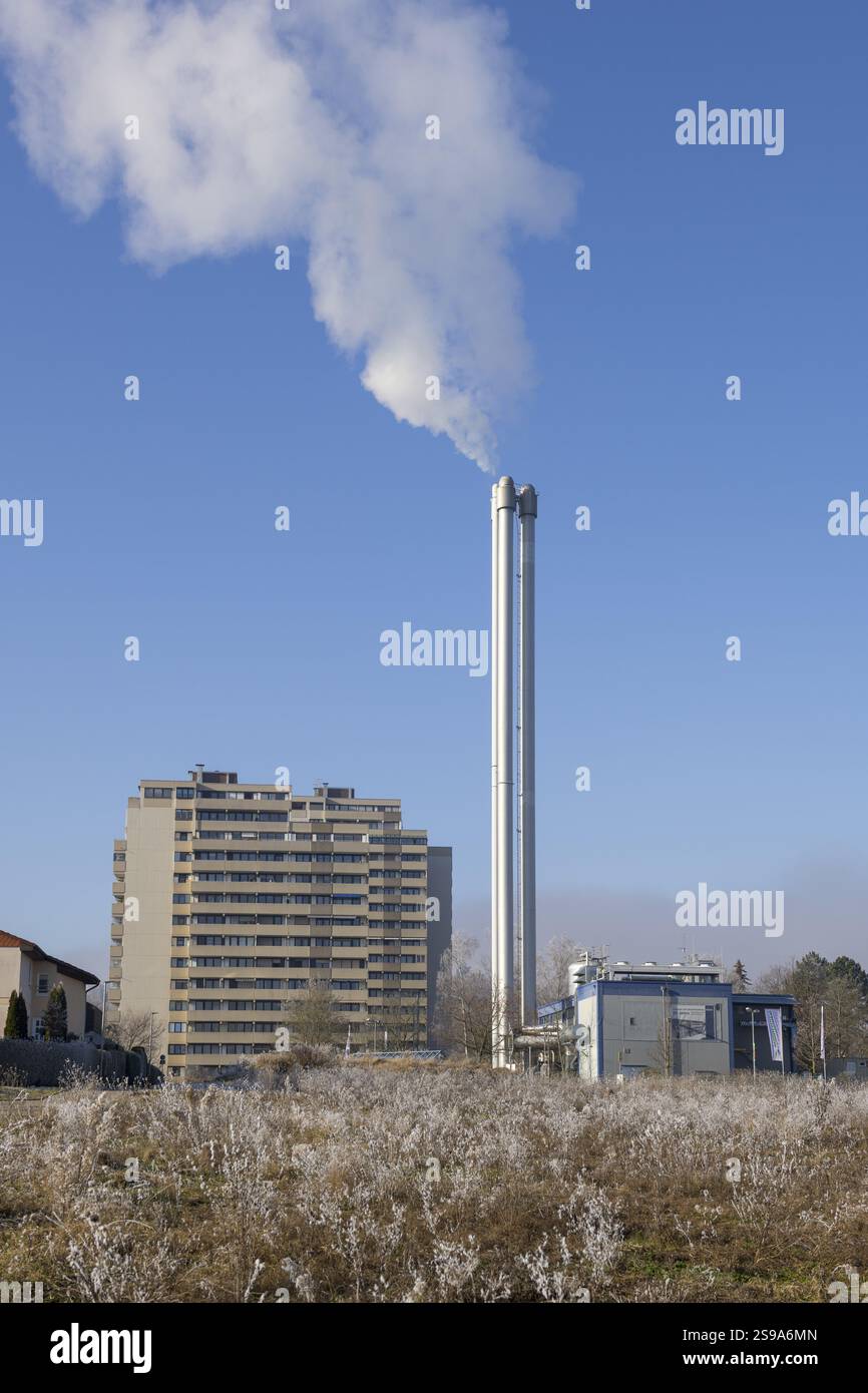 Camino ad alta emissione di fumo, edificio residenziale e cespugli ghiacciati, edificio residenziale, impianto combinato di riscaldamento ed energia elettrica, teleriscaldamento, Winne Foto Stock