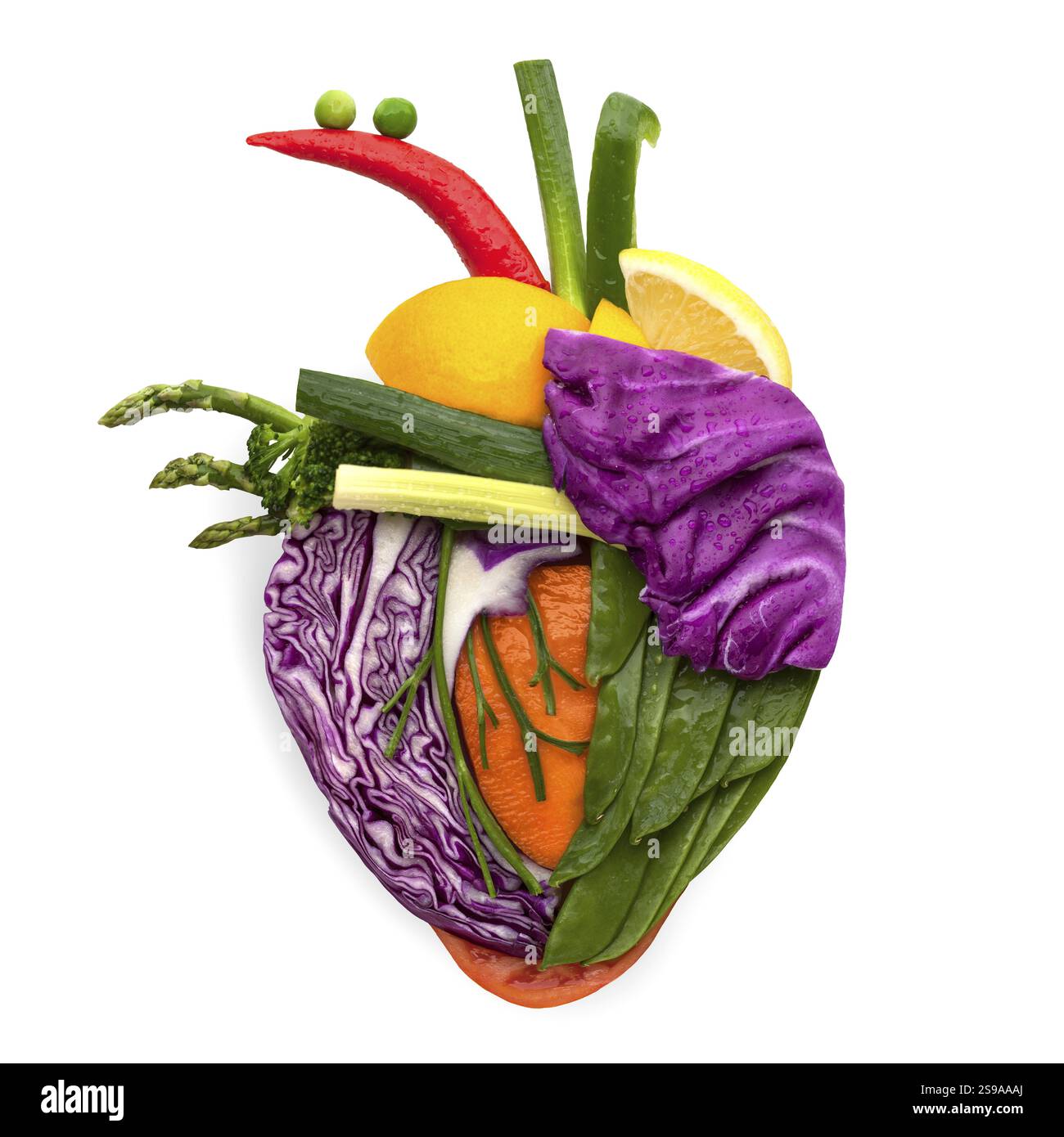 Un cuore umano sano fatto di frutta e verdura come concetto nutrizionale per un'alimentazione intelligente Foto Stock