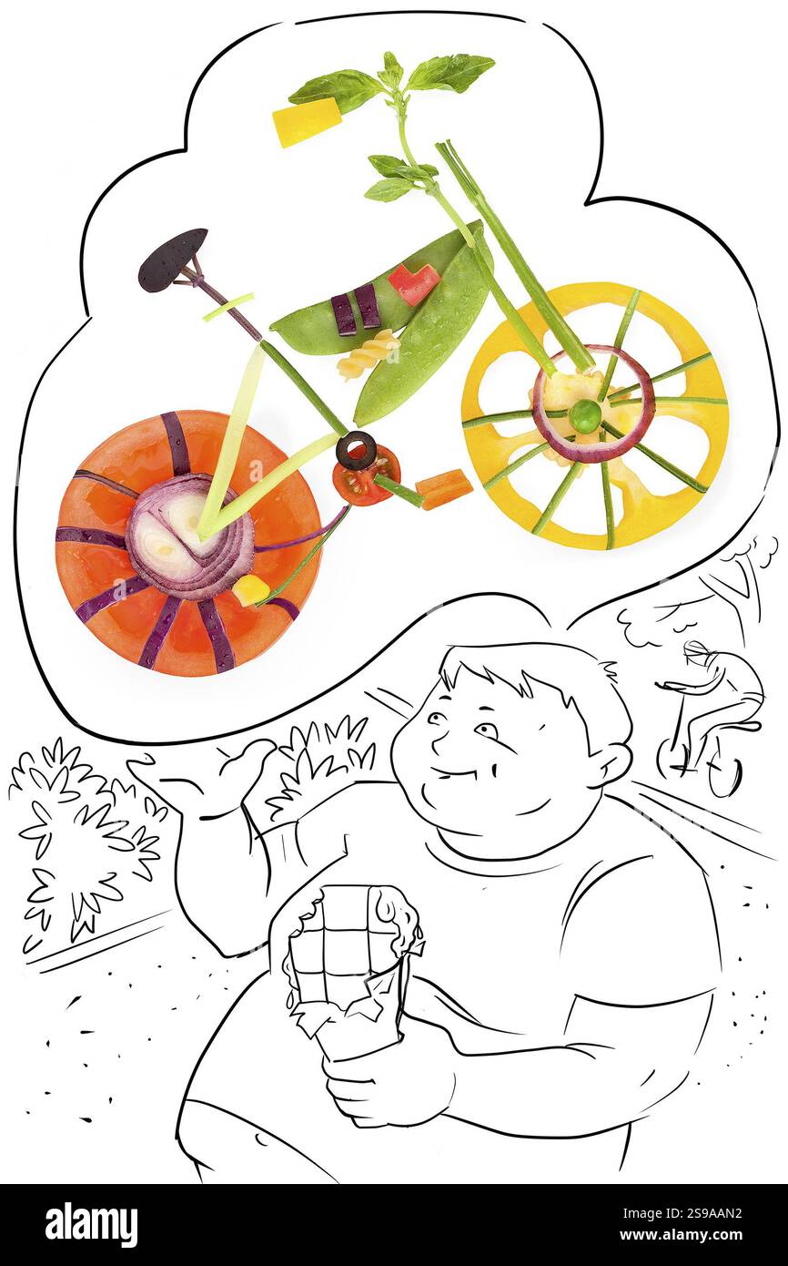 Una persona grassa seduta in un parco e sognando uno stile di vita attivo e in bicicletta Foto Stock