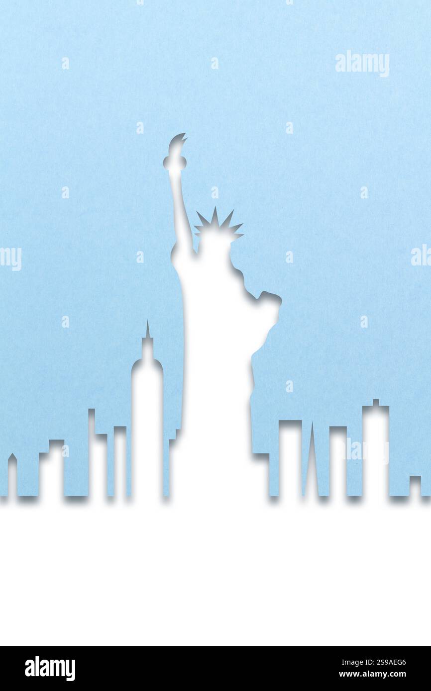 Foto creativa del 4 luglio della città di New York realizzata in carta su sfondo blu Foto Stock