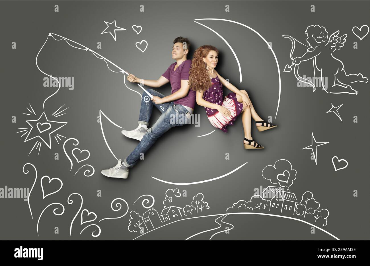 Happy valentines love story concetto di una coppia romantica la pesca su una luna con una stella su un gancio contro gesso disegni sullo sfondo di un cielo notturno e Foto Stock