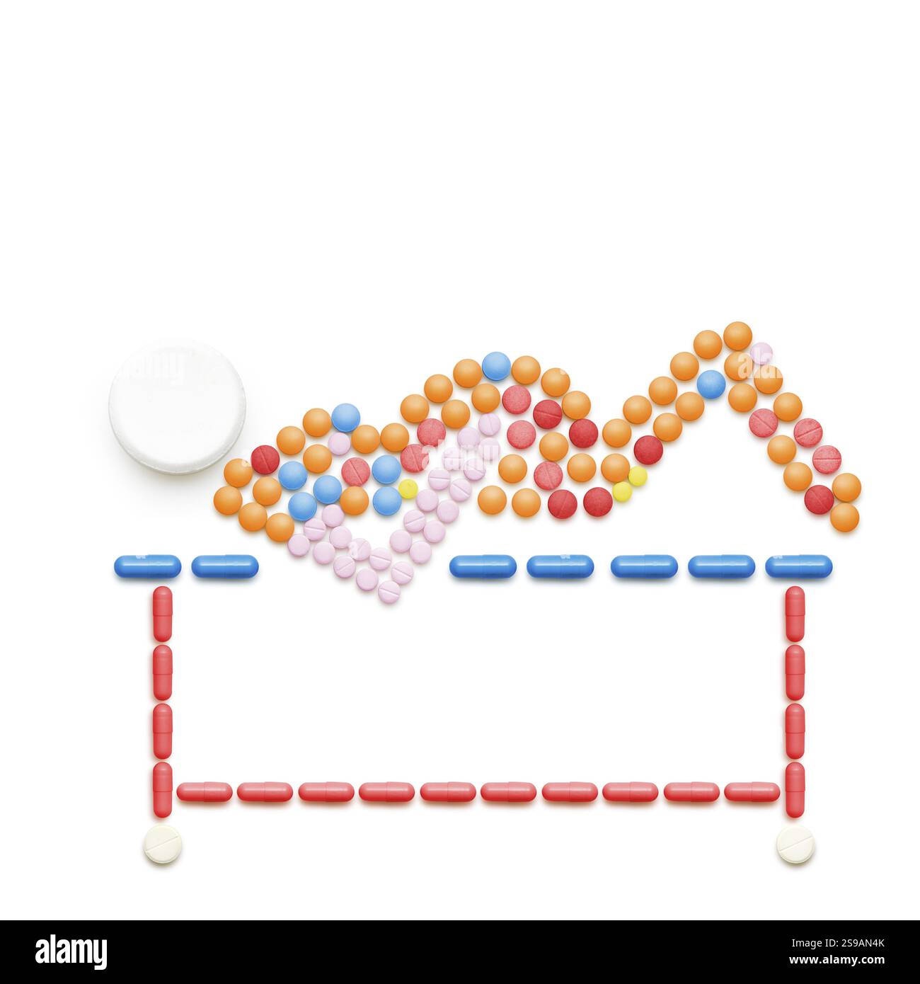 Medicina creativa e concetto di salute di pillole, incinta via donna IVF in sala parto, realizzato su sfondo bianco Foto Stock