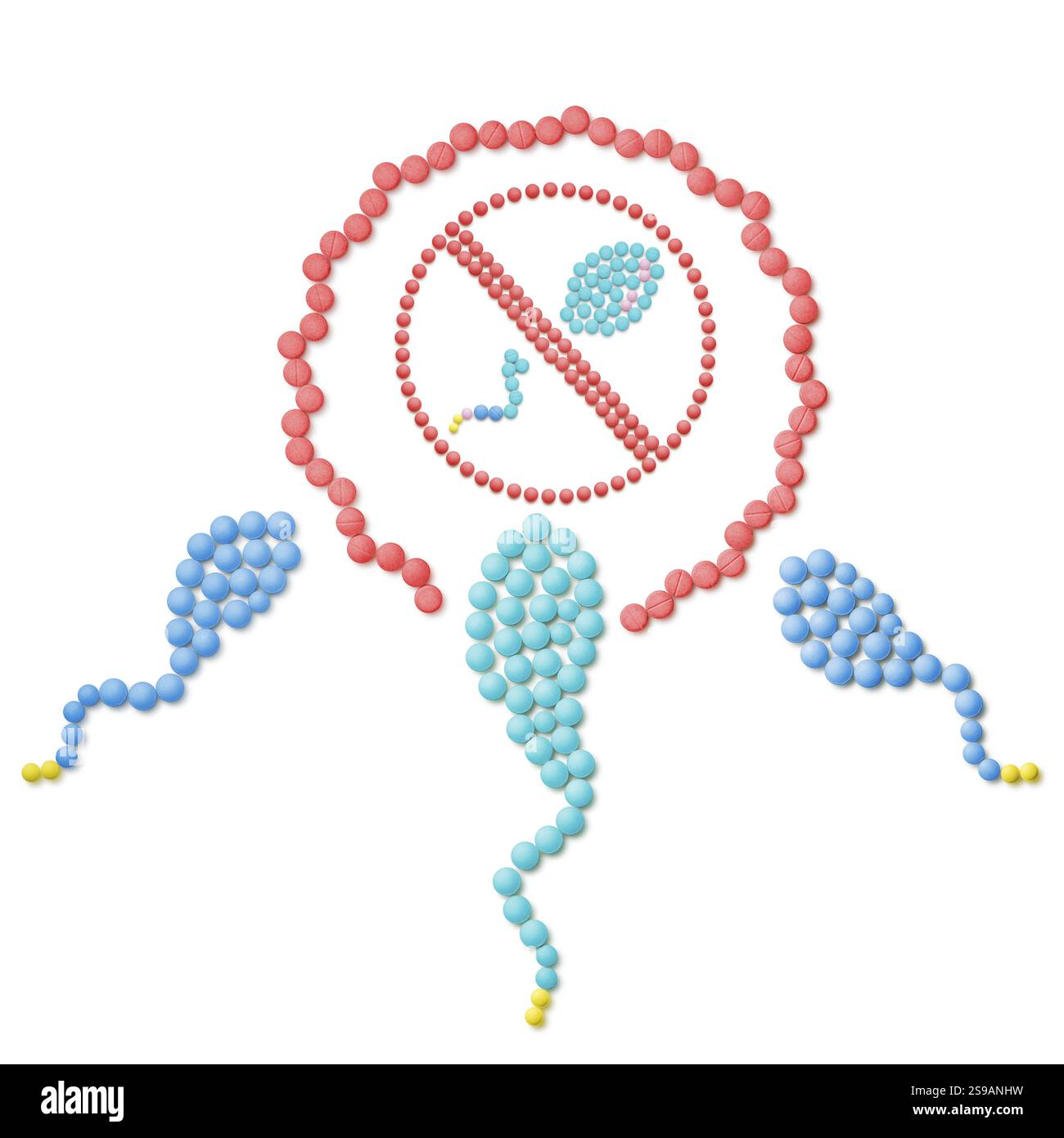 Medicina creativa e il concetto sanitario di pillole che dimostrano contraccezione e controllo delle nascite realizzate su sfondo bianco Foto Stock