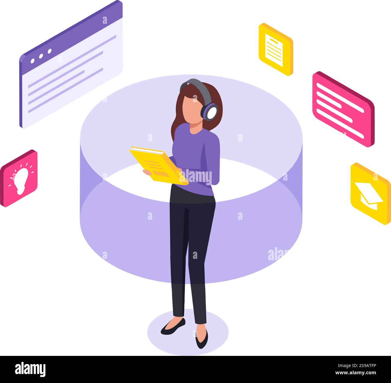 Una donna che indossa le cuffie sta imparando online, tenendo un notebook e circondata da icone che rappresentano l'istruzione, le idee e i documenti, simboleggiano l'istruzione online e l'e-learning Illustrazione Vettoriale Una donna che indossa le cuffie sta imparando online, tenendo un notebook e circondata da icone che rappresentano l'istruzione, le idee e i documenti, simboleggiano l'istruzione online e l'e-learning Illustrazione Vettoriale