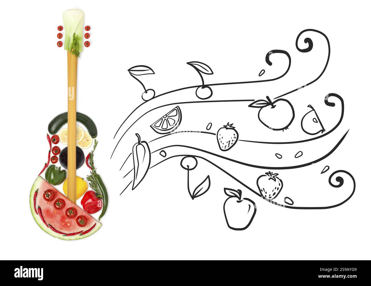 Foto creativa di una chitarra in piedi fatta di verdura e frutta su uno sfondo grigio di note fruttate fluenti Foto Stock
