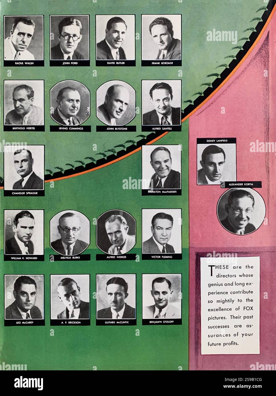 Grafica promozionale che mostra registi di Fox Contract, tra cui RAOUL WALSH JOHN FORD DAVID BUTLER FRANK BORZAGE BERTHOLD VIERTEL IRVING CUMMINGS JOHN BLYSTONE ALFRED SANTELL WILLIAM K. HOWARD ALFRED WERKER VICTOR FLEMING LEO McCarey GUTHRIE McCLINTIC BENJAMIN STOLOFF SIDNEY LANFIELD e ALEXANDER KORDA della Fox Film Corporation Exhibitor's Year Book per i prossimi film per il 1930 - 1931 Foto Stock