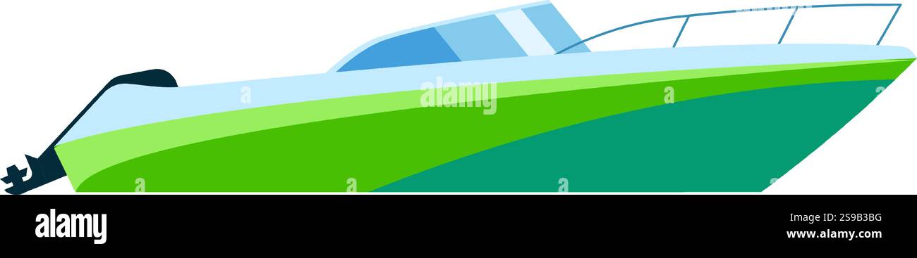 Vista laterale di un motoscafo veloce sull'acqua, con parabrezza blu e scafo verde e azzurro, ideale per attività ricreative e di svago Illustrazione Vettoriale